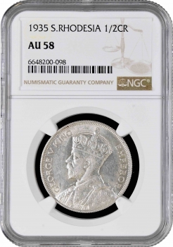Южная Родезия 1/2 кроны 1935 г., NGC AU58, "Колония Великобритании (1932 - 1955)"