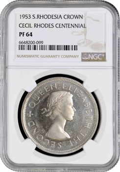 Южная Родезия 1 крона 1953 г., NGC PF64, "100 лет со дня рождения Сесиля Родса"