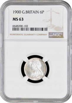 Великобритания 6 пенсов 1900 г., NGC MS63, '"Королева Виктория (1838 - 1901)"