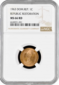 Доминикана 1 сентаво 1963 г., NGC MS66 RD, "100 лет восстановлению Республики"