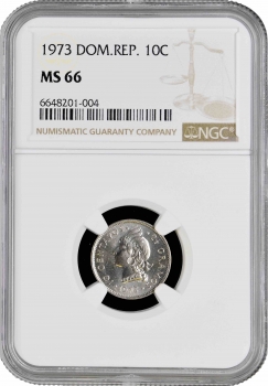 Доминикана 10 сентаво 1973 г., NGC MS66, "Доминиканская Республика (1937 - 2020)"