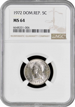 Доминикана 5 сентаво 1972 г., NGC MS64, "Доминиканская Республика (1937 - 2023)"