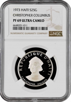 Гаити 25 гурдов 1973 г., NGC PF69 UC, "Христофор Колумб" Top Pop