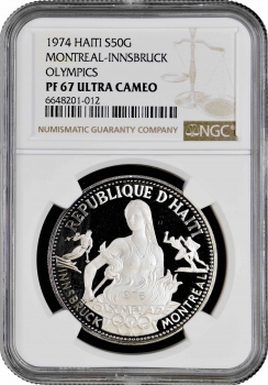Гаити 50 гурдов 1974 г., NGC PF67 UC, "Олимпиада Инсбрук-Монреаль 1976 г."