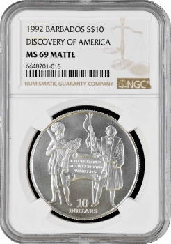 Барбадос 10 долларов 1992 г., NGC MS69 MATTE, "500 лет открытию Нового Света" Top Pop 5/0