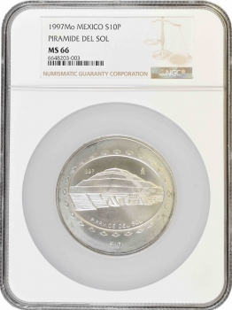 Мексика 10 песо 1997 г. Mo, NGC MS66, "Теотиуакан - Пирамида Солнца"