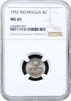 Никарагуа 5 сентаво 1952 г., NGC MS65, "Кордоба (1912 - 1990)"  Top Pop 3/0