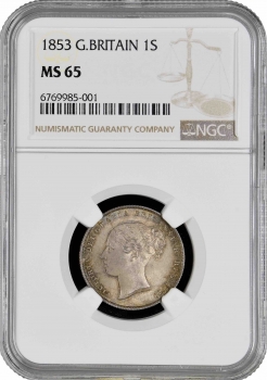 Великобритания 1 шиллинг 1853 г., NGC MS65, "Королева Виктория (1838 - 1901)" Top Pop 6/1