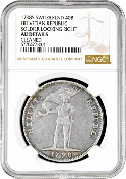 Швейцария 40 батценов 1798 г. S, NGC AU Det., "Гельветическая Республика (1798 - 1803)"