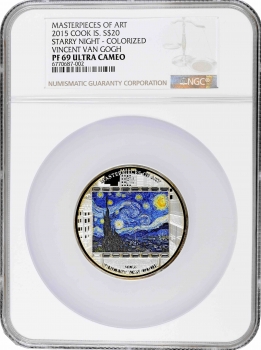 Острова Кука 20 долларов 2015 г., NGC PF69 UC, "Шедевры искусства - Звёздная ночь"