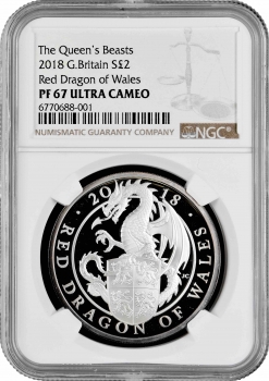 Великобритания 2 фунта 2018 г., NGC PF67 UC, "Звери Королевы - Красный дракон Уэльса"