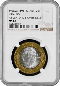 Мексика 20 песо 1994 г. Mo, NGC MS63, "Мигель Идальго (1753 - 1811)"