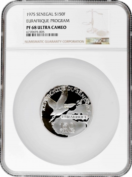 Сенегал 150 франков 1975 г., NGC PF68 UC, "25 лет программе Eurafrique: Леопольд Седар Сенгор"