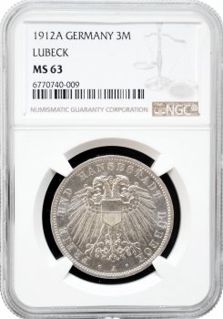 Любек 3 марки 1912 р. A, NGC MS63, "Вільний місто Любек (1871 - 1918)"
