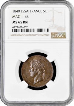 Франция 5 сантимов 1840 г., NGC MS65 BN ESSAI, "Император Луи-Филипп I (1852 - 1870)" Top Pop