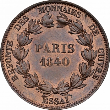 Франция 5 сантимов 1840 г., NGC MS65 BN ESSAI, "Император Луи-Филипп I (1852 - 1870)" Top Pop