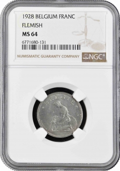 Бельгия 1 франк 1928 г. Flemish, NGC MS64, "Король Альберт I (1910 - 1934)" Top Pop 1/0