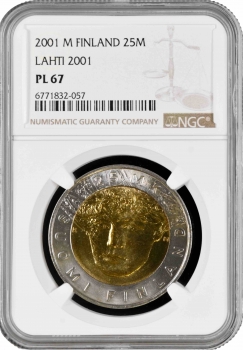 Финляндия 25 марок 2001 г. M, NGC MS67 PL, "Чемпионат мира по лыжным видам спорта" Top Pop 3/0