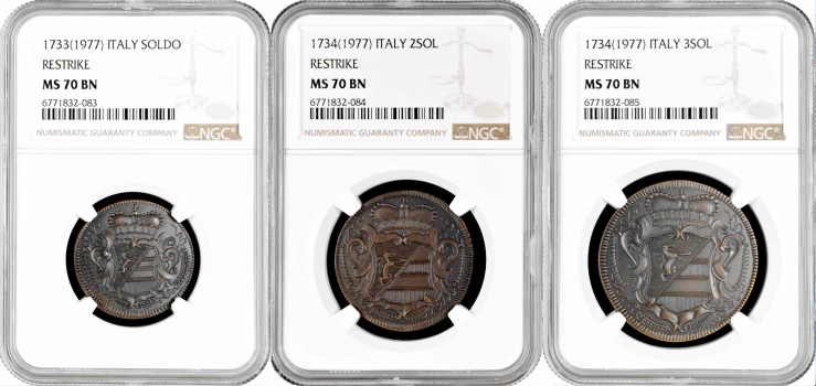Горица 1, 2, 3 сольдо 1733-34 г., NGC MS70 BN RESTRIKE, "Графство Горица и Градишка (1733 - 1802)"