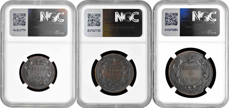 Горица 1, 2, 3 сольдо 1733-34 г., NGC MS70 BN RESTRIKE, "Графство Горица и Градишка (1733 - 1802)"