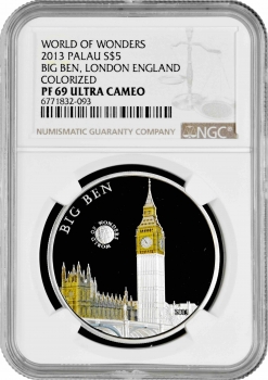 Палау 5 долларов 2013 г., NGC PF69 UC, "Мир чудес - Биг-Бен" Pop 2/1