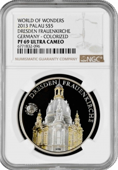 Палау 5 долларов 2013 г., NGC PF69 UC, "Мир чудес - Фрауэнкирхе в Дрездене"
