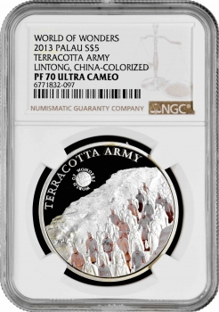 Палау 5 долларов 2013 г., NGC PF70 UC, "Мир чудес - Терракотовая армия" Top Pop 3/0