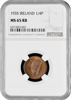 Ирландия 1 фартинг 1935 г., NGC MS65 RB, "Республика Ирландия (Éire) (1939 - 1969)" Pop 2/1