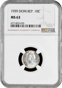 Доминикана 10 сентаво 1959 г., NGC MS63, "Доминиканская Республика (1937 - 2020)"