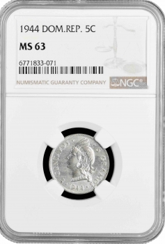 Доминикана 5 сентаво 1944 г., NGC MS63, "Доминиканская Республика (1937 - 2023)"