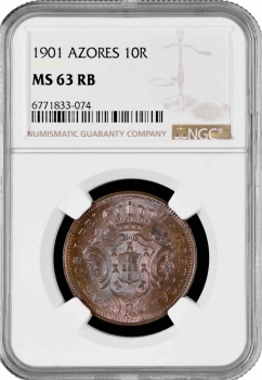 Азорские острова 10 рейсов 1901, NGC MS63 RB, "Португальская Администрация (1848 - 1901)"