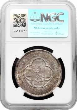 Швейцария 5 франков 1865 г., NGC MS64, "Стрелковый фестиваль в Шаффхаузене"