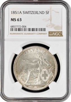 Швейцария 5 франков 1851 г. A, NGC MS63, "Швейцарская Конфедерация (1850 - 1916)"