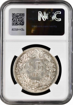 Швейцария 5 франков 1851 г. A, NGC MS63, "Швейцарская Конфедерация (1850 - 1916)"
