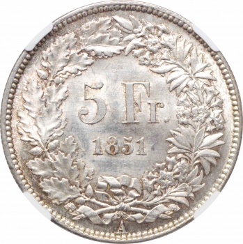 Швейцария 5 франков 1851 г. A, NGC MS63, "Швейцарская Конфедерация (1850 - 1916)"