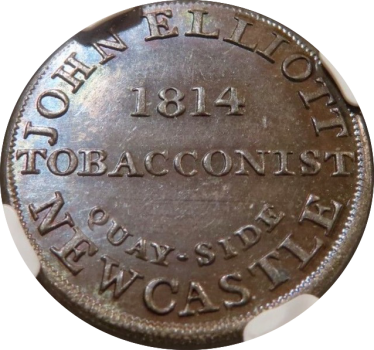 Великобритания 1 фартинг 1814 г., NGC MS64 BN, "Newcastle on tyne - Джон Эллиотт, табачник"