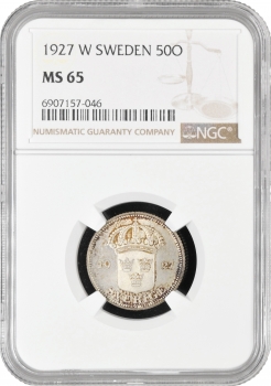 Швеція 50 ери 1927 W, NGC MS65, "Король Густав V (1908 - 1950)"