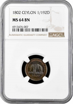 Цейлон 1/192 риксдоллара 1802 г., NGC MS64 BN, "Король Георг III (1802-1820)" Top Pop