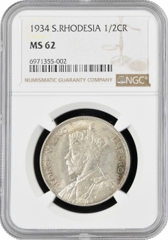 Южная Родезия 1/2 кроны 1934 г., NGC MS62, "Колония Великобритании (1932 - 1955)"