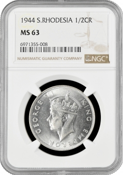 Южная Родезия 1/2 кроны 1944 г., NGC MS63, "Колония Великобритании (1932 - 1955)"