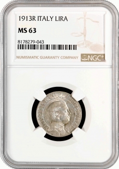 Италия 1 лира 1913 г. R, NGC MS63, "Король Виктор Эммануил III (1900 - 1946)"