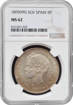 Іспанія 5 песет 1899 SGV, NGC MS62, "Король Альфонсо XIII (1886 - 1931)"