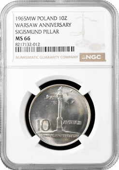Польша 10 злотых 1965 г. MW, NGC MS66, "700 лет Варшаве, Колонна Сигизмунда"