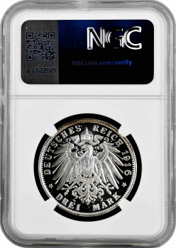 Вюртемберг 3 марки 1916 (1991) г. F, NGC PF68 UC RESTRIKE, "25 лет правлению Вильгельма II" Top Pop