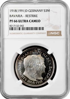 Бавария 3 марки 1918 (1991) г. D, NGC PF66 UC RESTRIKE, "50-летие свадьбы" Top Pop 1/0