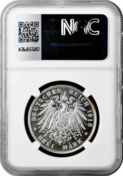 Бавария 3 марки 1918 (1991) г. D, NGC PF66 UC RESTRIKE, "50-летие свадьбы" Top Pop 1/0