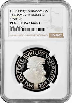 Саксония 3 марки 1917 (1991) г. E, NGC PF67 UC RESTRIKE, "400 лет Реформации" Top Pop 1/0