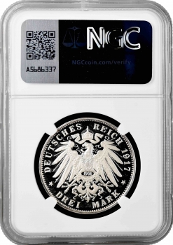 Саксония 3 марки 1917 (1991) г. E, NGC PF67 UC RESTRIKE, "400 лет Реформации" Top Pop 1/0