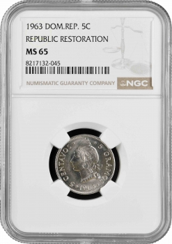 Доминикана 5 сентаво 1963 г., NGC MS65, "100 лет восстановлению Республики"