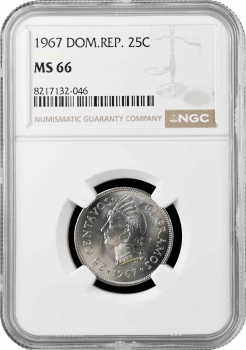 Доминикана 25 сентаво 1967 г., NGC MS66, "Доминиканская Республика (1937 - 2023)"